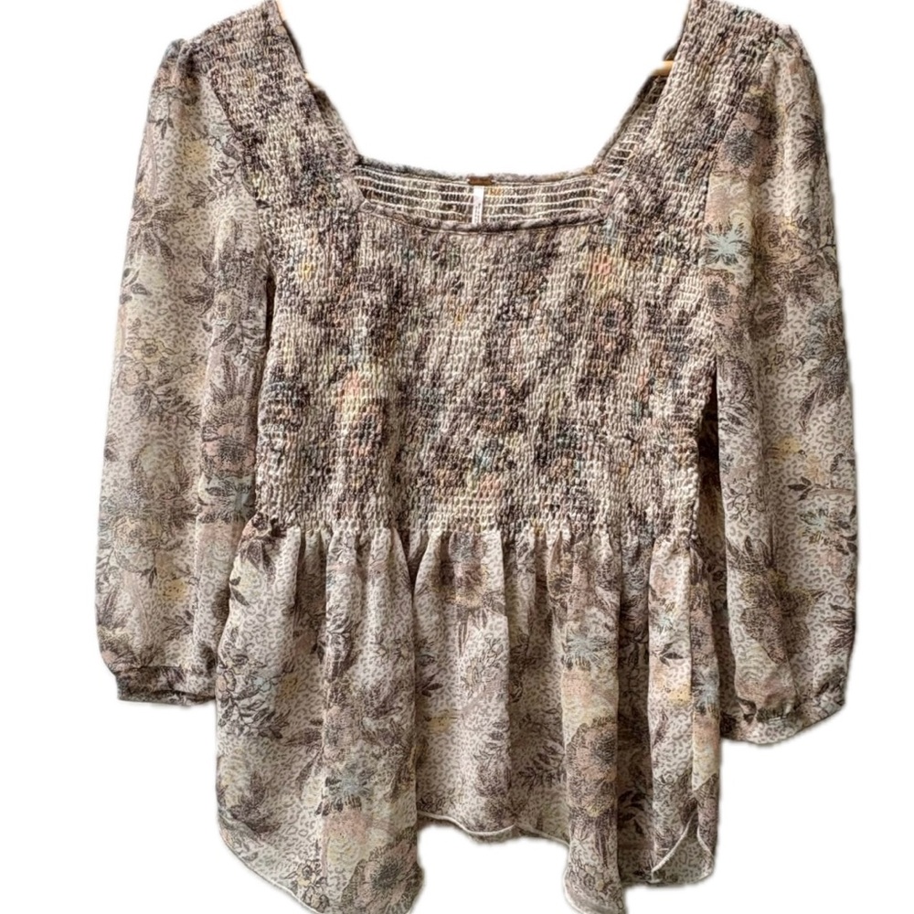 Free People Ever After Floral 3/4 Sleeve Smocked Blouse Small - Picture 4 of 12